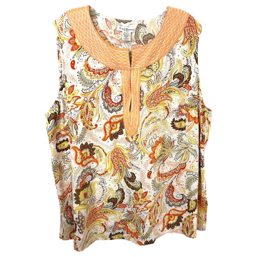 Susan Bristol Plus Size 2X Top‎ Linen Paisley Embroidered Tunic Peach Boho 1768
